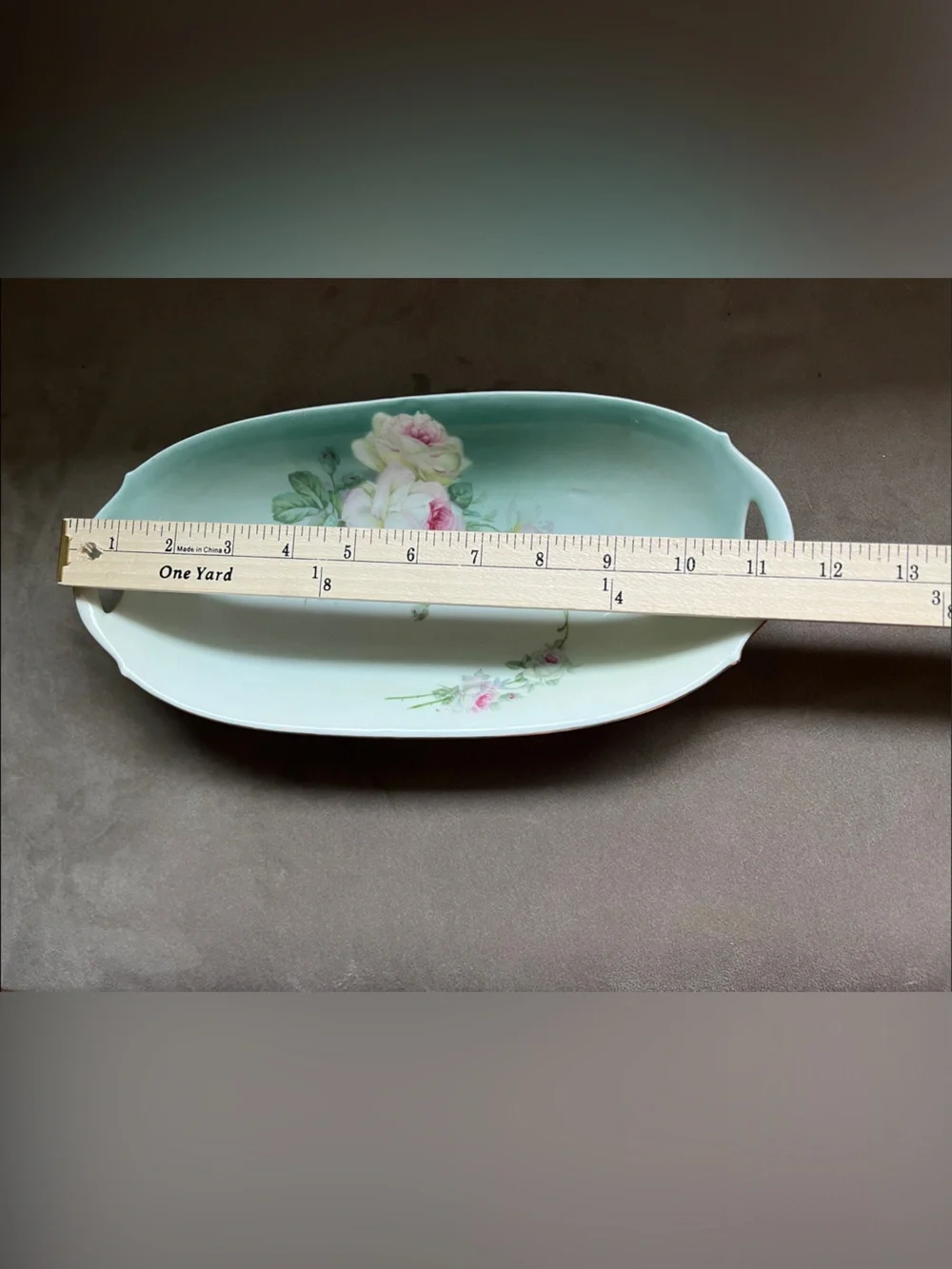 Floral Porcelain Celery Tray in Mint Green with Pink Rose Accents